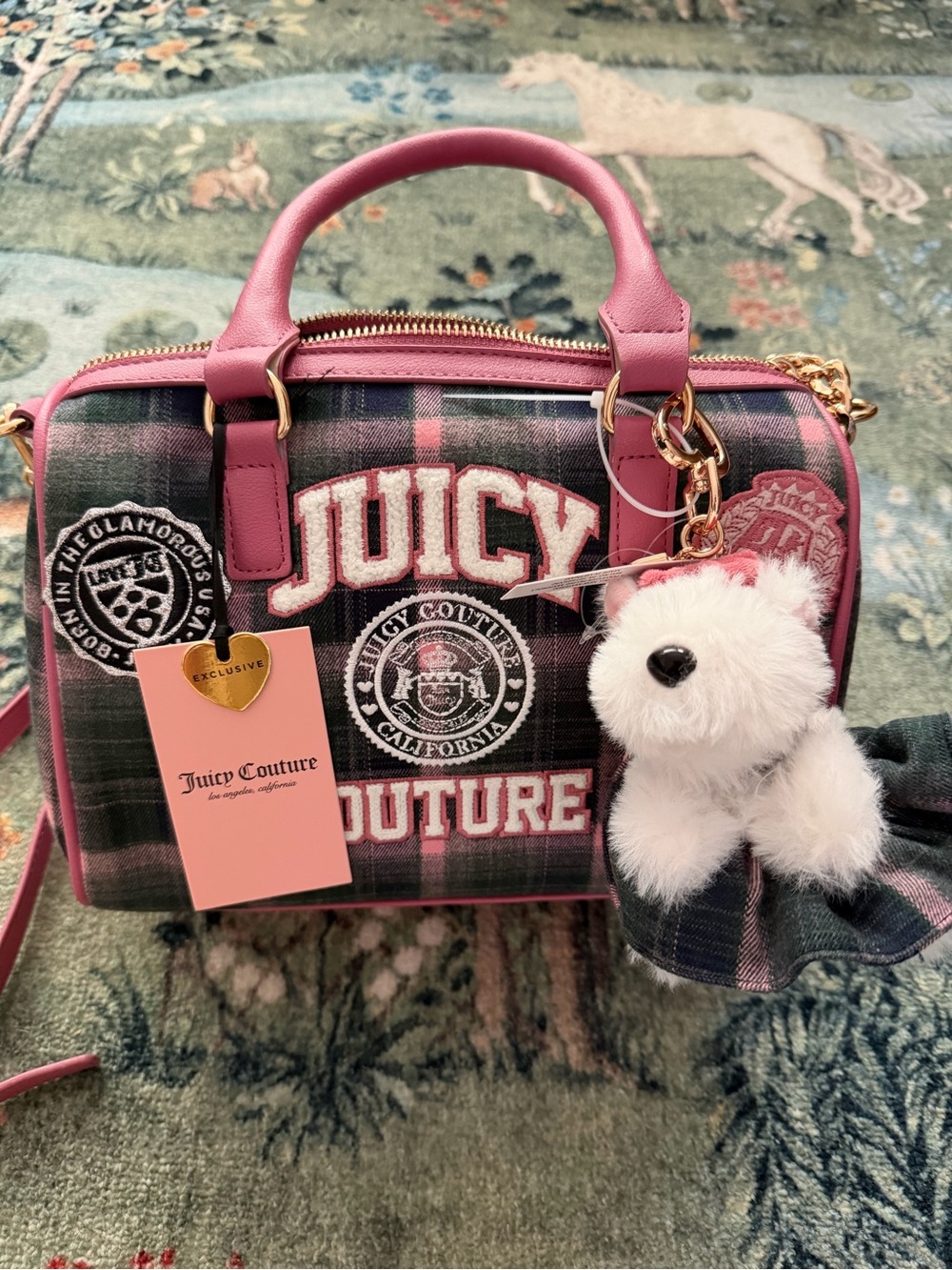 Juicy Couture Varsity Pink/Green Plaid Purse Crossbody Bag w/ Scottie Dog Charm